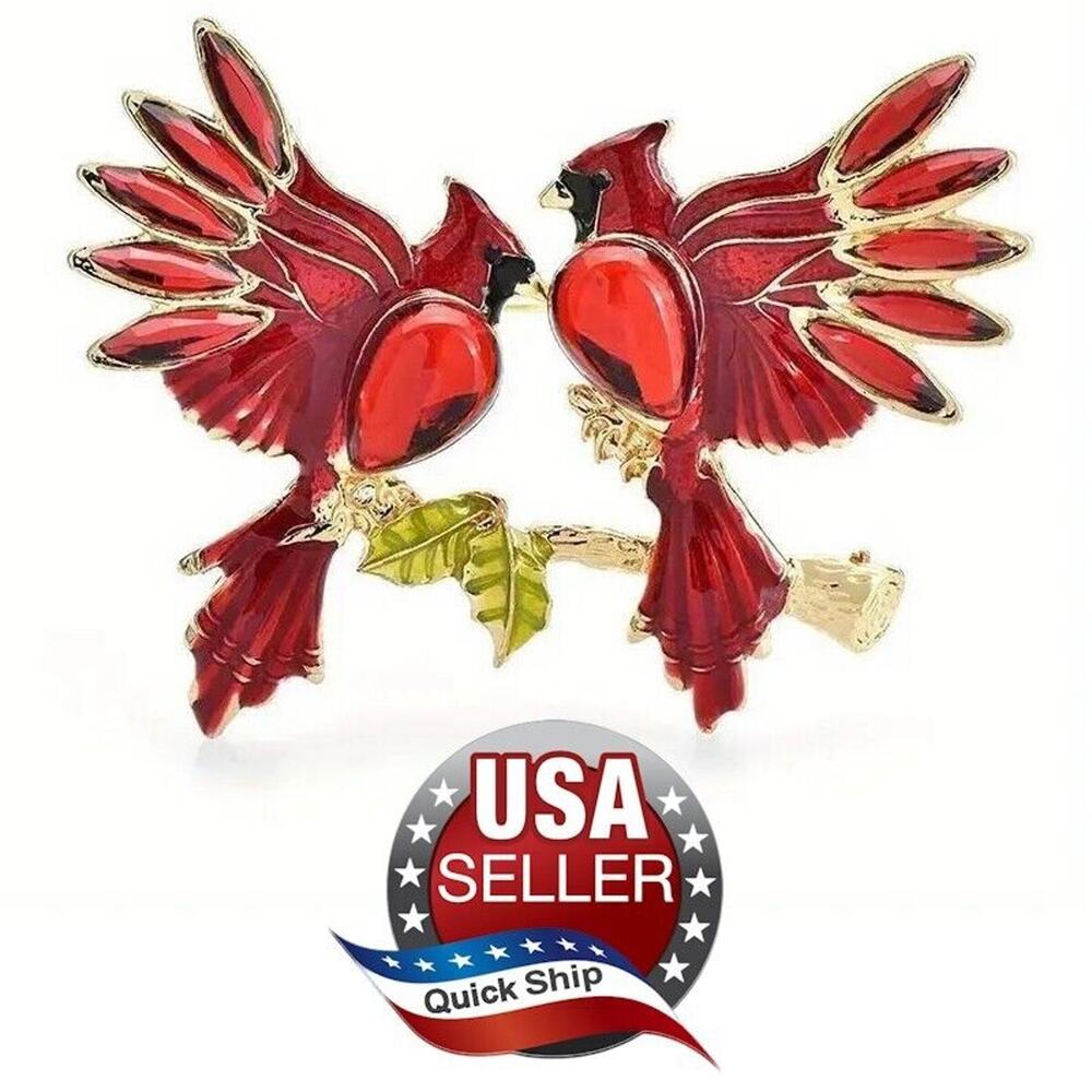 Red Teardrop Rhinestone Brooch Pin • Cardinal Lovers Sitting on Branch •Enameled